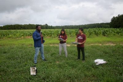 Three researchers in the field giving a presentation using microphone.