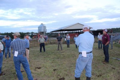 A man in cap speaks to a group near the livestock area of a field.