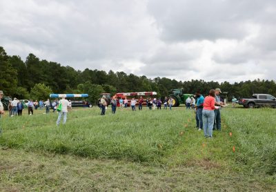 Visitors walk around grass plots with tractors and trailers in the background.